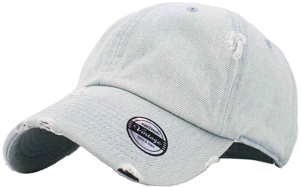 Light Denim Distressed Vintage Baseball Cap Front Side View